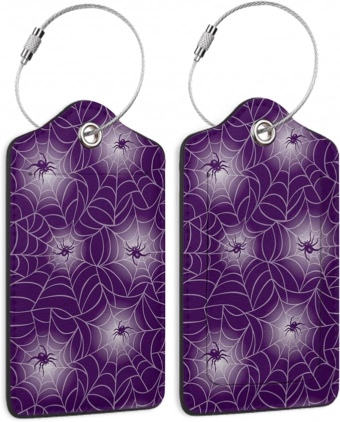Halloween Luggage Tags Set of 2 Purple Spider Web Leather Suitcase Tags by SKYDAWNY