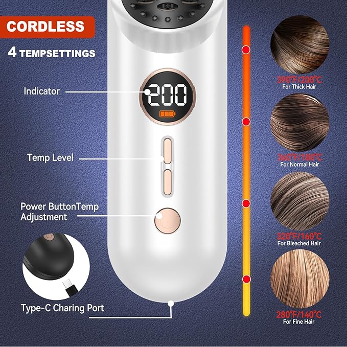 Cordless Straightener Brush, Portable Mini Hair Straightening Brush for Travel, Rechargeable 9000 mAh USB-C, Lightweight Anti-Scald Heated Styling Tools & Appliances (White)