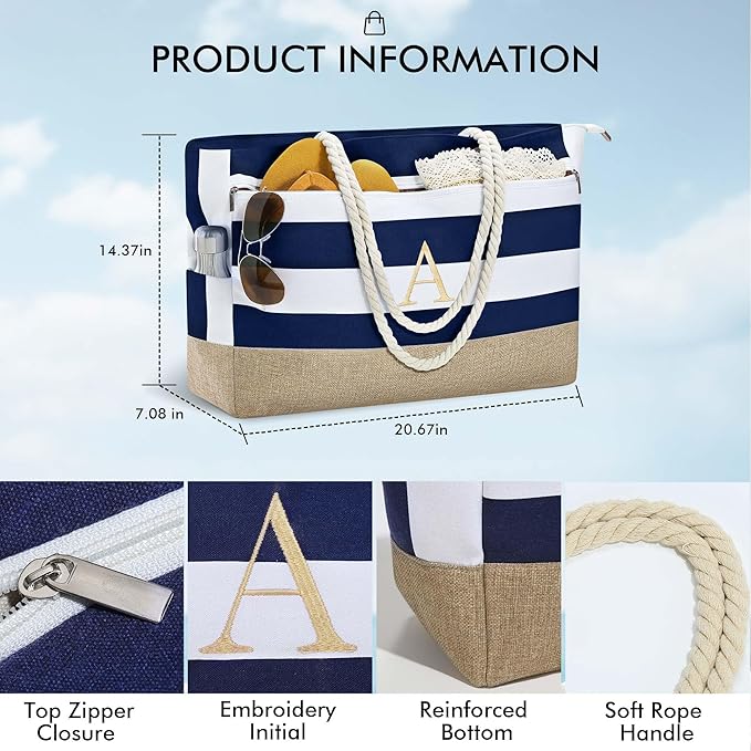 YOOLIFE Large Initial Beach Bag Waterproof Tote Zipper Bag Personalized Gifts - Image 3