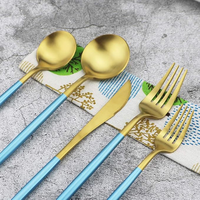 Gugrida Blue Handle Matte Gold Silverware Set - Image 4
