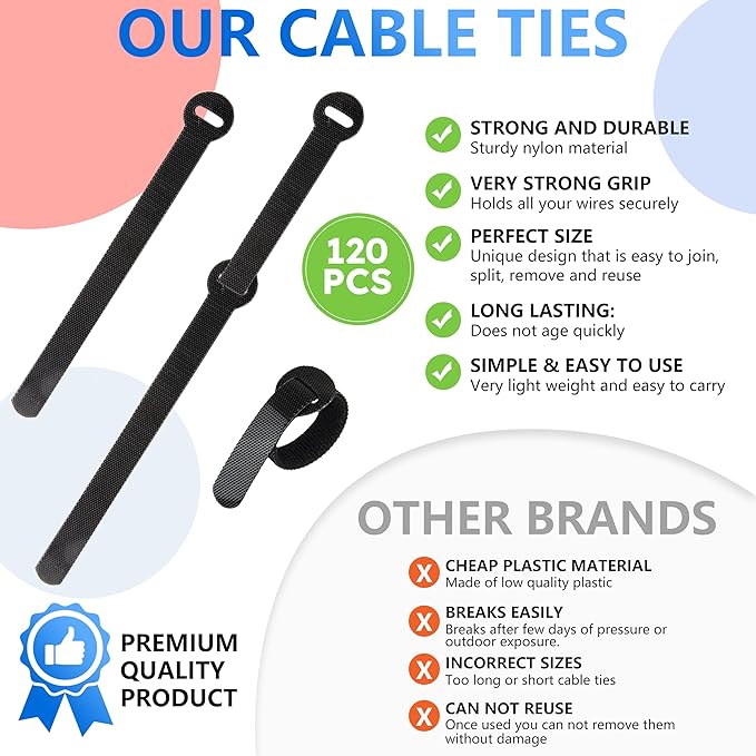 120 PCS 5/6/8 Inch Cord Wraps for Charging Cords – Data Cable Organizer Ties – - Image 3