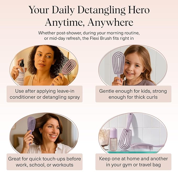 Kitsch Hair Brush Detangler – Flexi Flow Hair Brush for Women, Men & Kids | Detangling Brushes for Curly Hair with Bendable Frame, Bounce Curl Defining Brush for Wet or Dry Strands - Soft Violet
