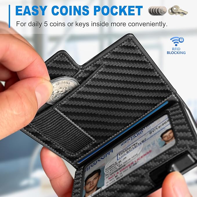Men Wallet, with Money Clip Coins Pocket ID Window, Slim Front Pocket RFID - Image 3
