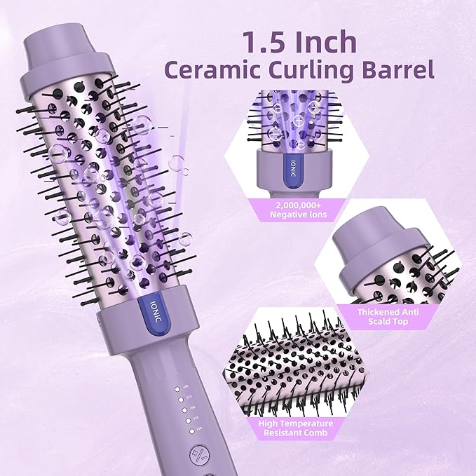 1.5 Inch Thermal Brush Blowout with 5 Temp Settings, Universal Voltage Hair Curling Iron, Ceramic Ionic Thermal Round Curling Brush Suitable for Medium and Long Hair, Purple