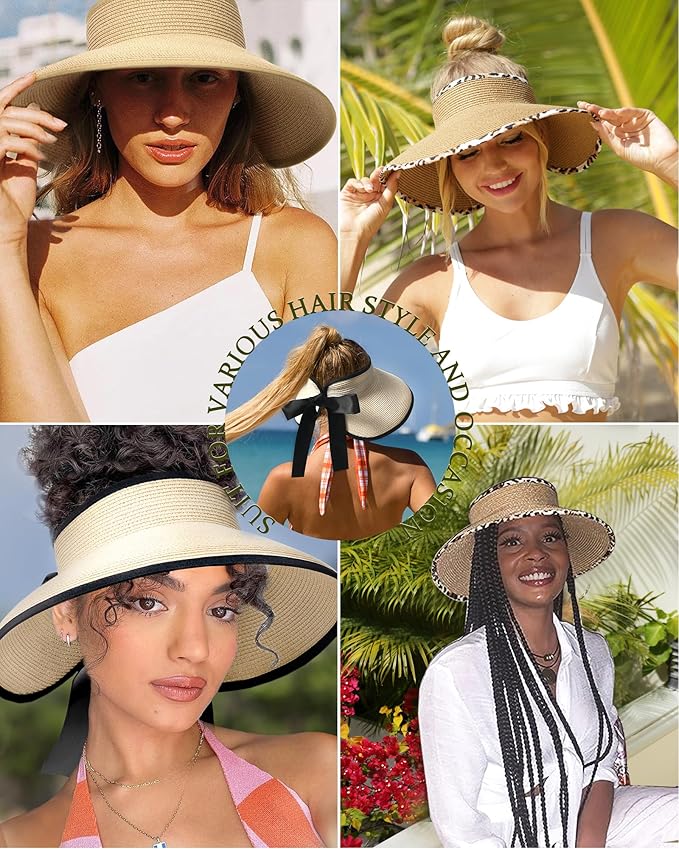 Camptrace Sun Visors for Women Wide Brim Beach Hat Foldable Straw Visor Hat - Image 3