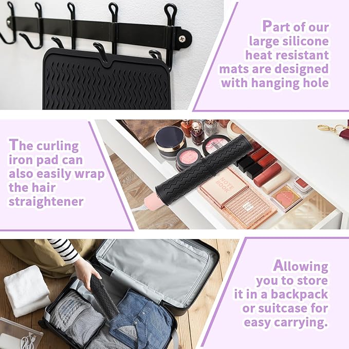Oversize Silicone Heat Resistant Mat, Heat Mat with for Curling Iron, Travel Cover Cushion for Curling Irons, Hair Bands and Styling Tools(15.7" X 11.8") (Black)