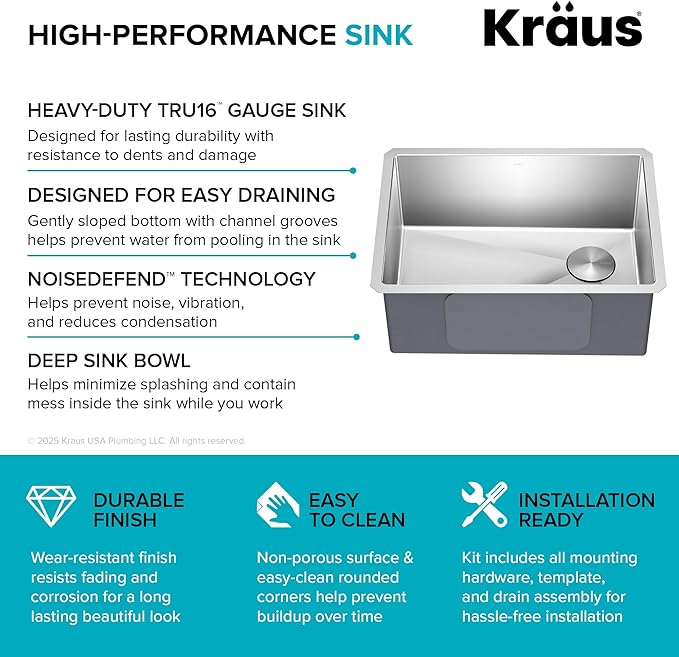 Kraus KHU111-25 Standart PRO 16 Gauge Undermount Single Bowl Stainless Steel - Image 12