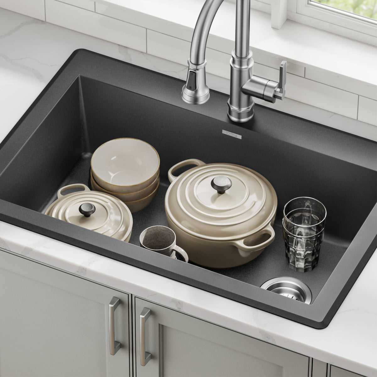 Black 33 in Single Bowl Drop In Granite Kitchen Sink KGD (Single Bowl Drop In Sink / Black)