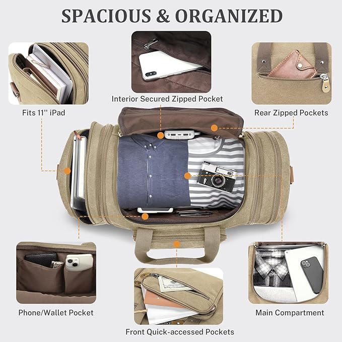Gonex Canvas Duffle Bag for Travel 50L Expandable Duffel Weekend Overnight Bag - Image 5