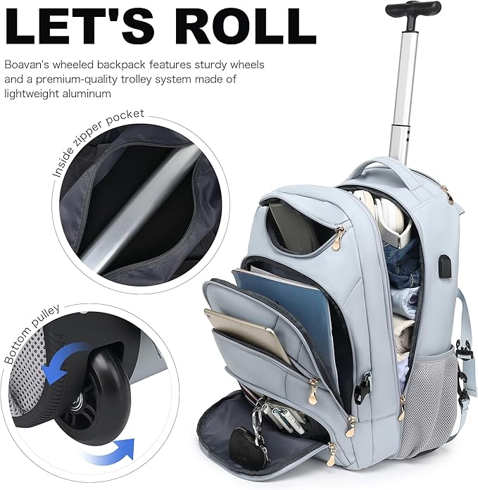 Boavan Rolling Backpack for Women, 17.3 Inch Wheeled Laptop Backpack, Large - Image 6