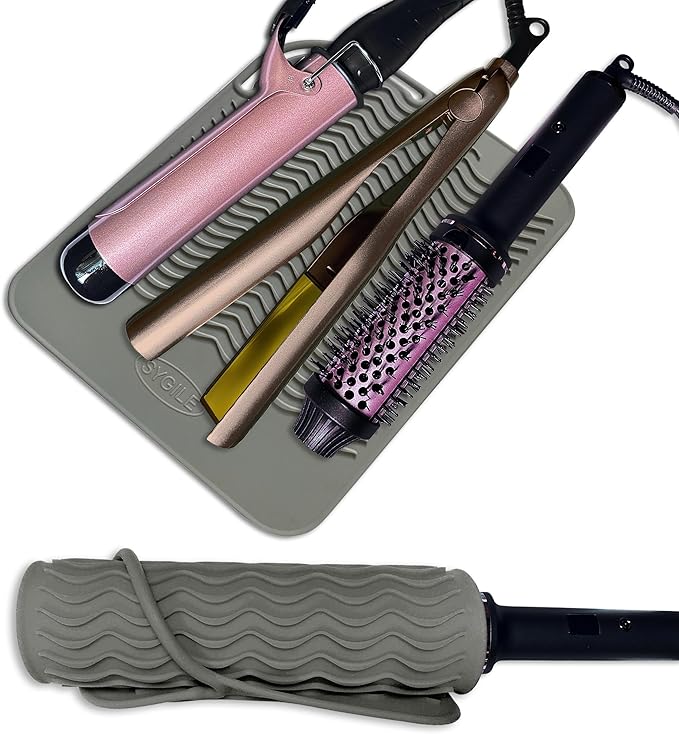 11" X 7.5" Large Size Heat Resistant Silicone Travel Mat for Hair Straighteners, Curling Irons, Flat Irons, Other Hair Styling Tools, Portable Silicone Pad Cover for Travel Vanity Salon - Gray