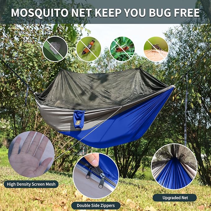 Camping Hammock with Net, Portable Lightweight Double Hammocks with Tree Straps - Image 3