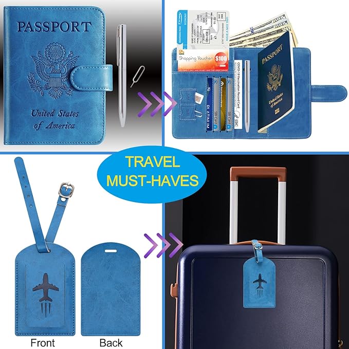 Passport Holder With Luggage Tag Cover Wallet RFID Blocking Leather Case Travel - Image 2