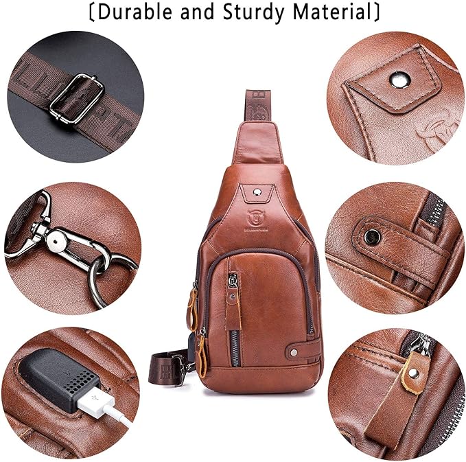 BULLCAPTAIN Leather Sling Bag Mens Chest Bag Casual Shoulder Crossbody Bags - Image 4