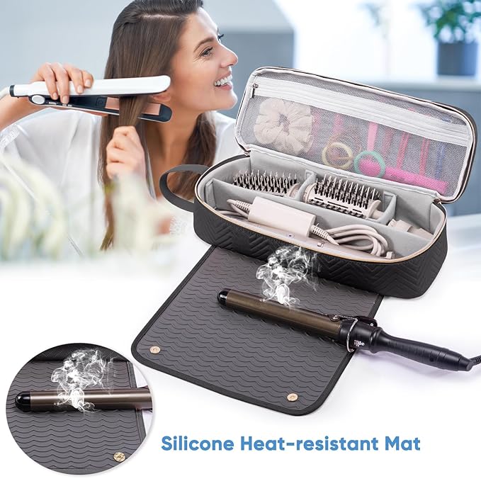 2IN1 Hair Tools Travel Bag with Heat Resistant Mat for Shark Flexstyle, Flat Irons, Straighteners, Curling Iron, Hair Dryer Case Compatible with Revlon One-Step Hair Dryer, Hair Essentials