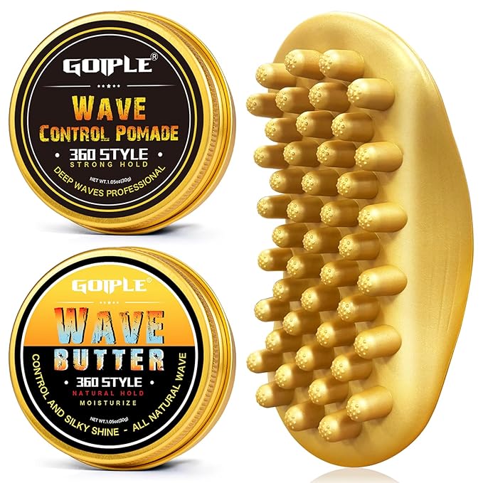 Hair Twist Sponge Brush Twist Styler Comb for Black Men - Washable Afro Curl Sponge Racket for Barbers & Daily Use, Ideal for Coiled, 4C Hair - Wave Pomade Butter Rubber Large Tooth Brush Set (Gold)
