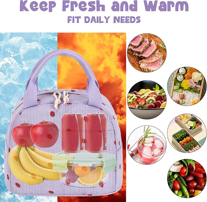 Bluboon Lunch Bag for Women Men Cute Corduroy Lunch Tote Bags Reusable - Image 7