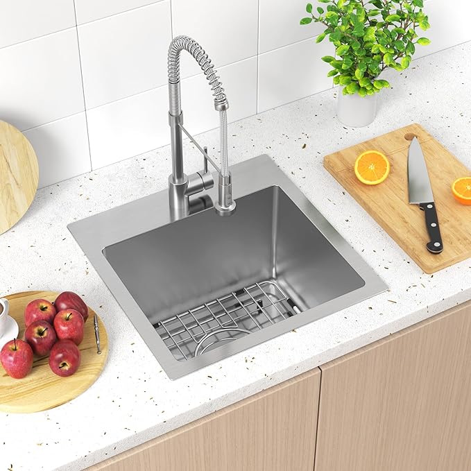 15x15 inch Drop in Bar Sink, 15 inch Small Kitchen Sink Topmount 18 Gauge - Image 7