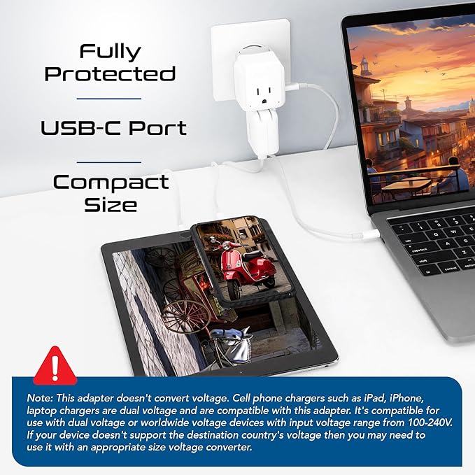 Ceptics European Plug Adapter, Safe USB-C 30W PD & QC 3.0-2 USA Socket - Image 3