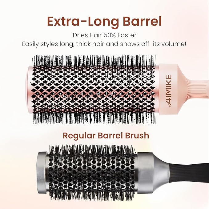 AIMIKE Round Brush for Blow out, Rose Luxe Extra-Long Round Hair Brush Ionic & Nano Thermal Ceramic Tech, for Blow Drying & Styling Volumizing Thick Long Hair, with 4 Clips (Barrel 2.1", Bristle 3")