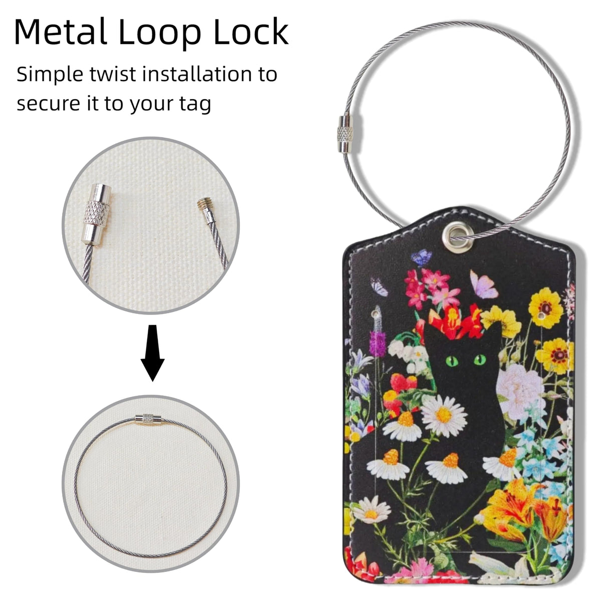 2 Pcs Luggage Tags for Suitcases Black Cat PU Leather Luggage Tag with Privacy Cover Label Address Card and Durable Metal Ring Suitable for Travel Suitcase Bag Handbags Backpacks (Black Cat Flower)