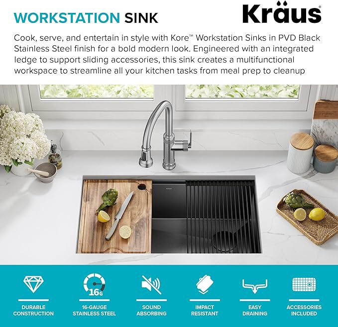 KRAUS Kore Workstation 32-inch Undermount 16 Gauge Black Stainless Steel Single - Image 3