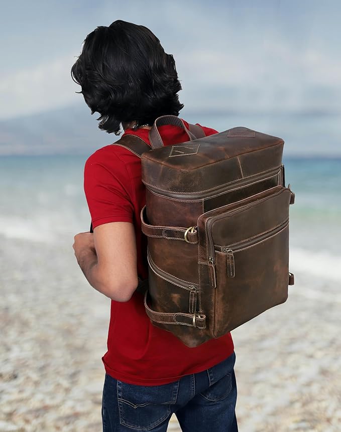 HLC Leather Brown Backpack For Men 17 Inch Genuine Laptop Backpack For Women - Image 5