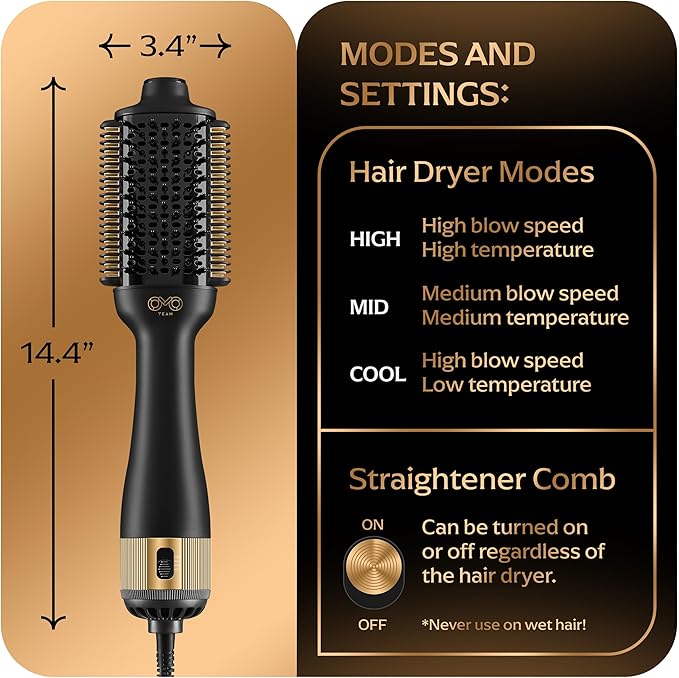 Automatic Dual Voltage Blowout Brush Hair Dryer, 4-in-1 Blow Drying Brush, Ionic Hair Straightener w/No Heat Damage, Light 1.3 lb Blowout Tool, Blow Dryer Curling Wand, Hot Air Styler for All Types