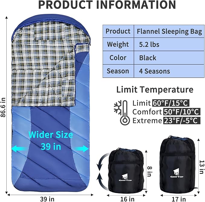 GEERTOP Flannel Sleeping Bag for Adults XXL 4 Season, 0 Degree Sleeping Bag for - Image 3