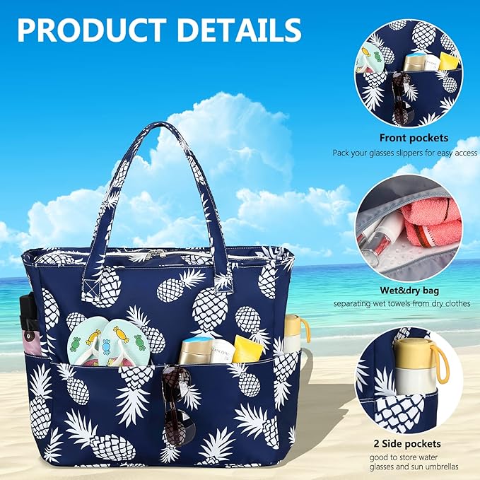 LEDAOU Large Beach Tote Bag Women Waterproof Sandproof Zipper Beach Tote Bag - Image 3