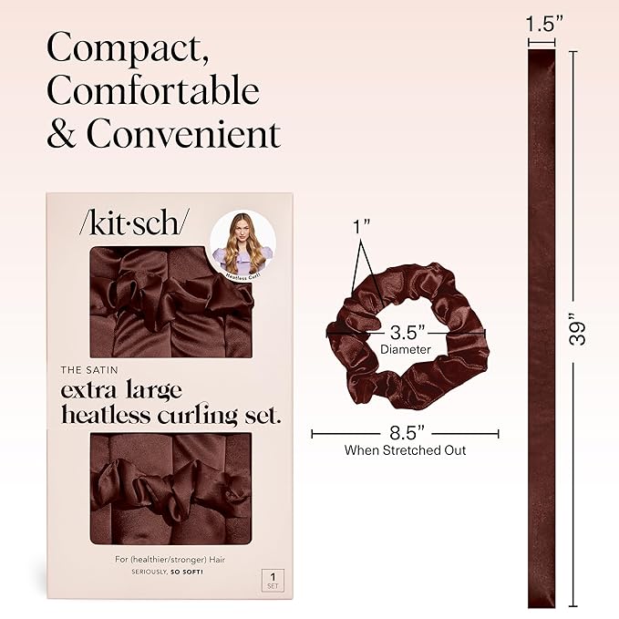 Kitsch XL Satin Heatless Hair Curler Set - Heatless Curls for an Overnight Blowout, Comfortable Hair Curlers to Sleep In for Frizz-Free, No Heat Damage Styling, Jumbo Curling Rod Headband - Chocolate
