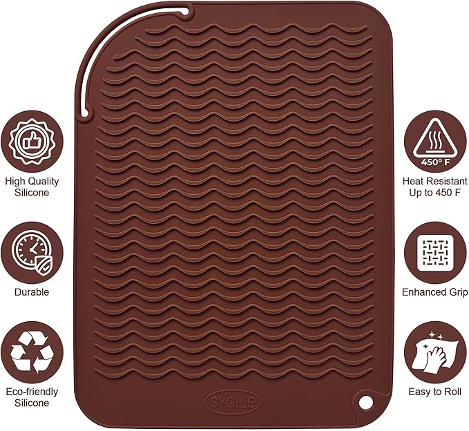 12" X 9" Large Heat Resistant Silicone Mat for Hair Styling Tools, Curling Iron Mat, Flat Iron Holder, Hair Straightener Pad, Makeup Mat, Hot Tools Mat for Travel Vanity Salon - Mocha Brown