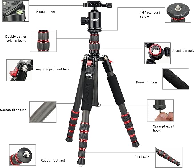 BONFOTO B690C Lightweight Carbon Fiber Portable Tripod Compact Travel Camera - Image 2