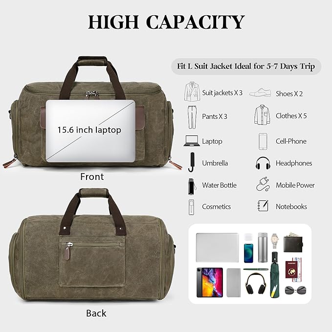 Waxed Canvas Garment Bags for Travel, Convertible Carry On Garment Duffel Bag - Image 5