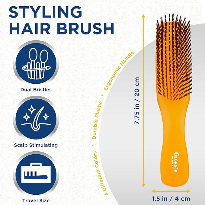 Giorgio GION1O Neon Orange 7.75 inch Gentle Touch Detangler Hair Brush for Men and Women. Soft Bristles for Sensitive Scalp. Wet and Dry for all Hair Types. Scalp Massager Brush Stimulate Hair Growth