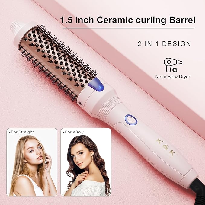 K&K 1.25 Inch Tourmaline Ionic Hot Brush Hair Curler for Loose & Volume Curls, Long Hair Heated Styler, Dual Voltage