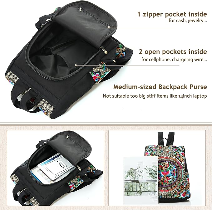 Jursccu Embroidered Women Backpack Purse, Fashion Canvas Travel Anti-theft - Image 4