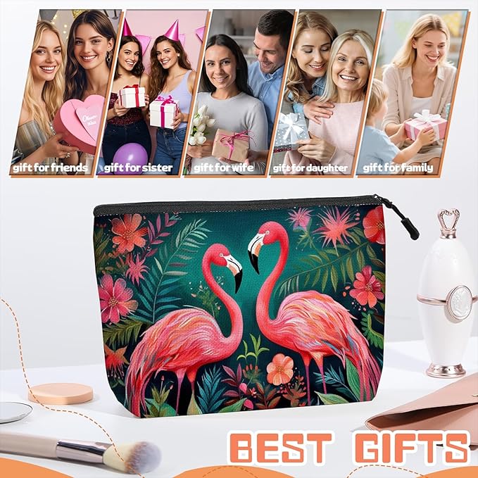 Cosmetic Bags Travel Makeup Toilet Case Waterproof Pouch for Women Girls 6.7X9.45inches - Two Flamingos in A Tropical Floral Setting
