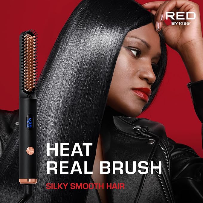 Red by Kiss Heat Real Brush, Auto Shut Off Straightener for All Hair Types, Portable & Easy to Carry, Protective Bristles for Silky Smooth Hair
