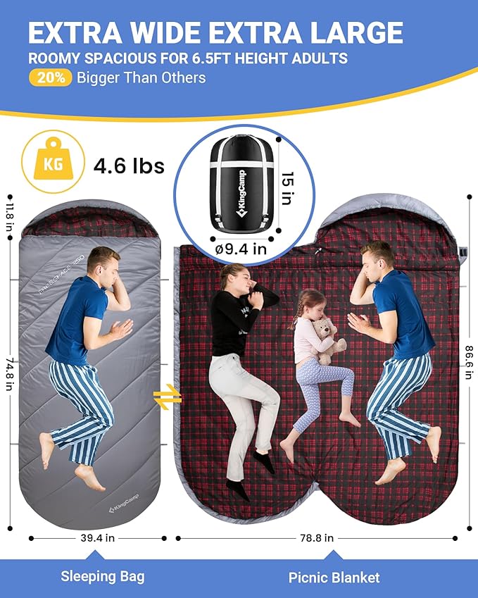 KingCamp Sleeping Bag for Adults, Cold Weather & Warm Extra Wide Big & Tall XL - Image 2