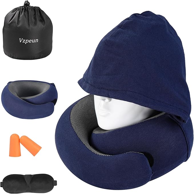 Travel Pillow - Hooded Neck Pillow Airplane Memory Foam Filling by Vzpeun
