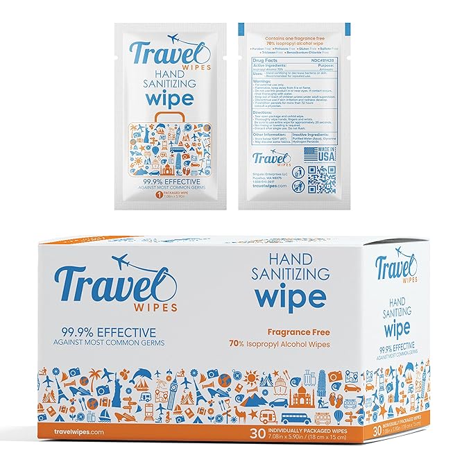 Hand Sanitizing Travel Wipes – 30ct Individually Wrapped | Fragrance-Free by TravelWipes