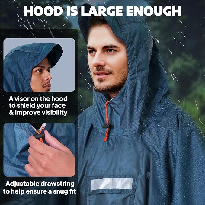 ANYOO Hooded Rain Poncho for Adults Waterproof Lightweight Rain Coat for Men - Image 4