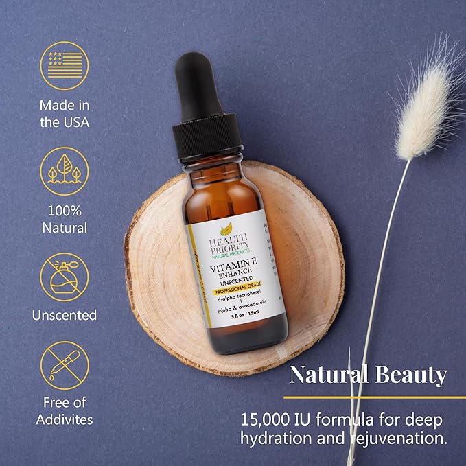 Health Priority Naturals|Organic Vitamin E Oil for Skin - Jojoba, Avocado Oil - Unscented, Handcrafted for Face/Hair, Non-GMO, No Gluten, 15000 IU, 0.5 Fl oz