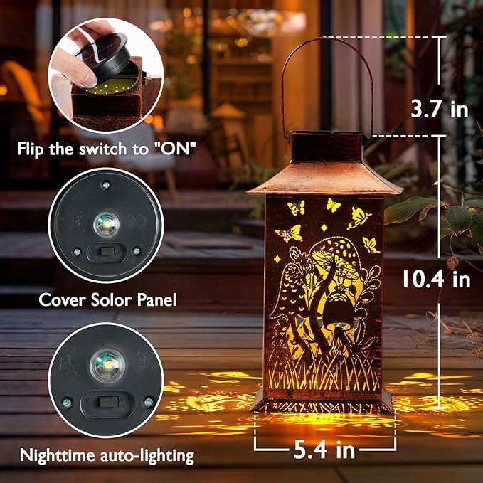 Homemory Mushroom Solar Lanterns Waterproof, Metal Hanging Hollowed-Out Metal - Image 3