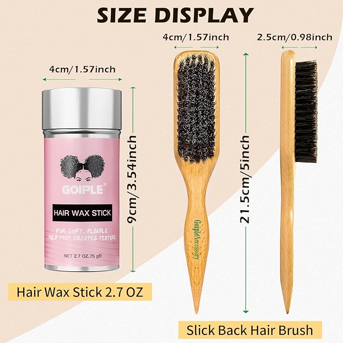 Slick Back Hair Brush & Wax Stick Set for Slick Back Hair – Teasing Boar Bristle Hair Brush for Sleek, Control, Flyaways & Baby Hairs – Wax Stick for Women Sectioning & Smoothing Ponytail Bun