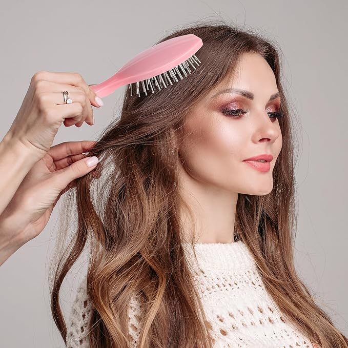 2 PCS Wig Brush Set - Stainless Steel Metal Bristle Comb and Cushion Detangling Brush for Hair Extensions, Wigs, and Wet Hair (Pink)