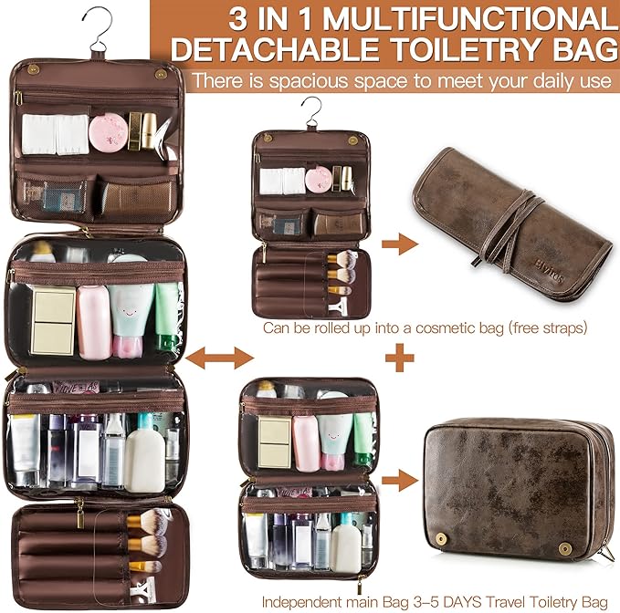 Elviros Hanging Toiletry Bag Removable Travel Bag PU leather Makeup Cosmetic - Image 2