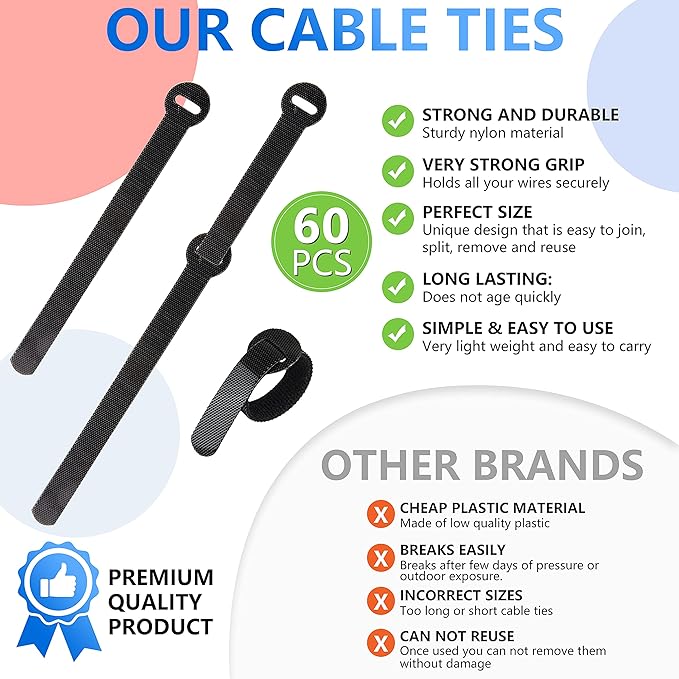 60x Cable Management Ties, Cord Wraps Black 6 Inches, Reusable Tidy Wire Ties - Image 3