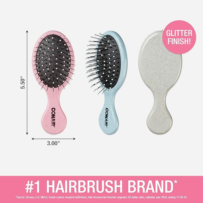 Conair Detangling Mini Hair Brush Set, 3-Pack Detangler Brushes for Wet or Dry Hair, Gentle Detangler for All Hair Types, Hair Brushes for Women and girls. gifts for her, Silver, Blue, Pink